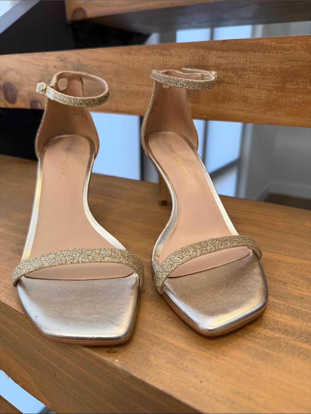 Stuart Weitzman Metallic Gold Ankle-Strap Heels